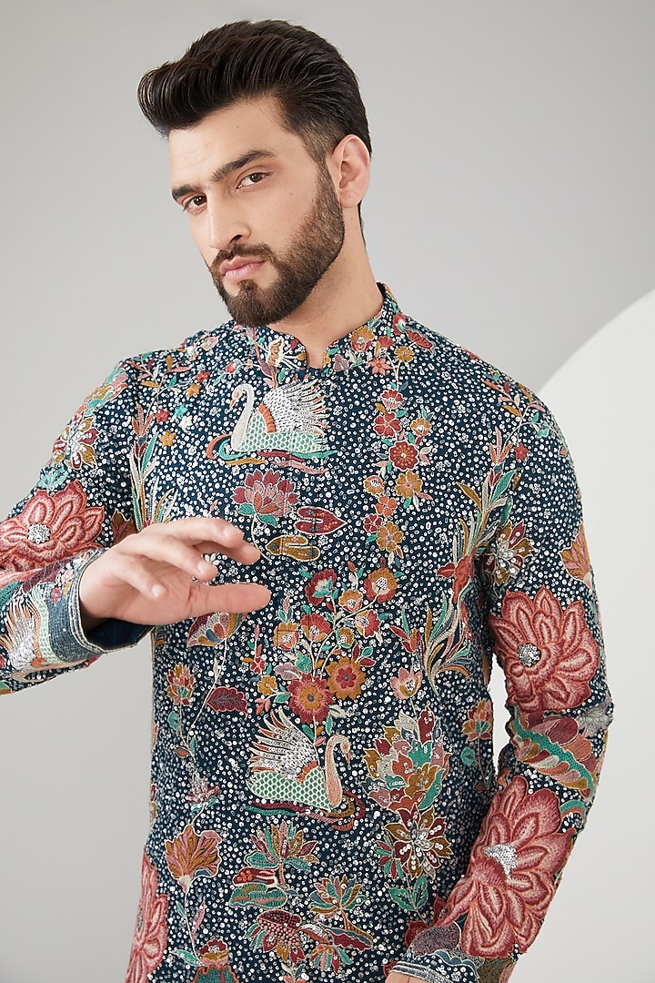 Teal Blue Georgette Floral Embroidered Kurta by Kasbah Clothing at Pernia's Pop Up Shop
