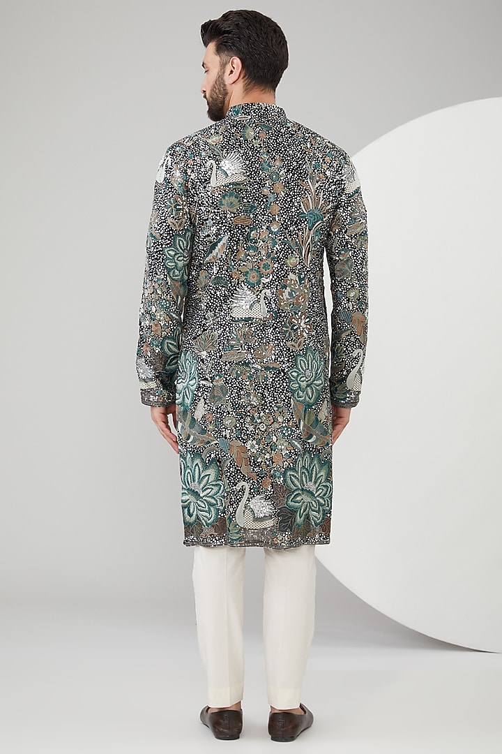 Black Georgette Floral Embroidered Kurta by Kasbah Clothing at Pernia's Pop Up Shop