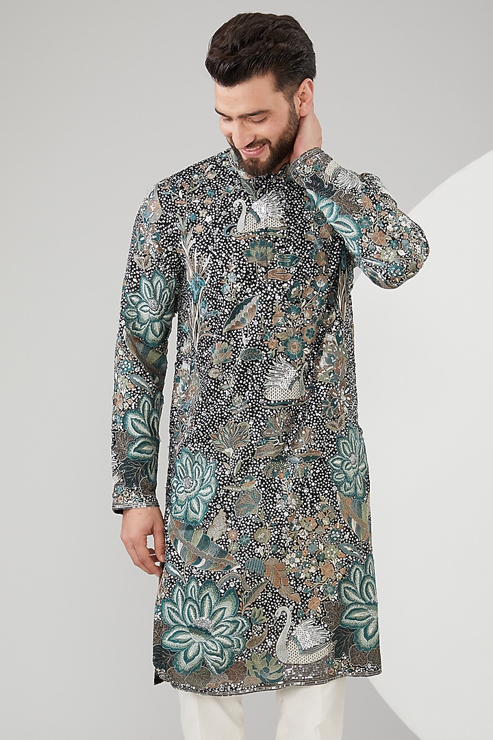 Black Georgette Floral Embroidered Kurta by Kasbah Clothing at Pernia's Pop Up Shop