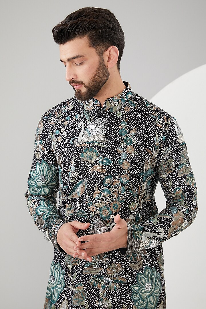 Black Georgette Floral Embroidered Kurta by Kasbah Clothing at Pernia's Pop Up Shop