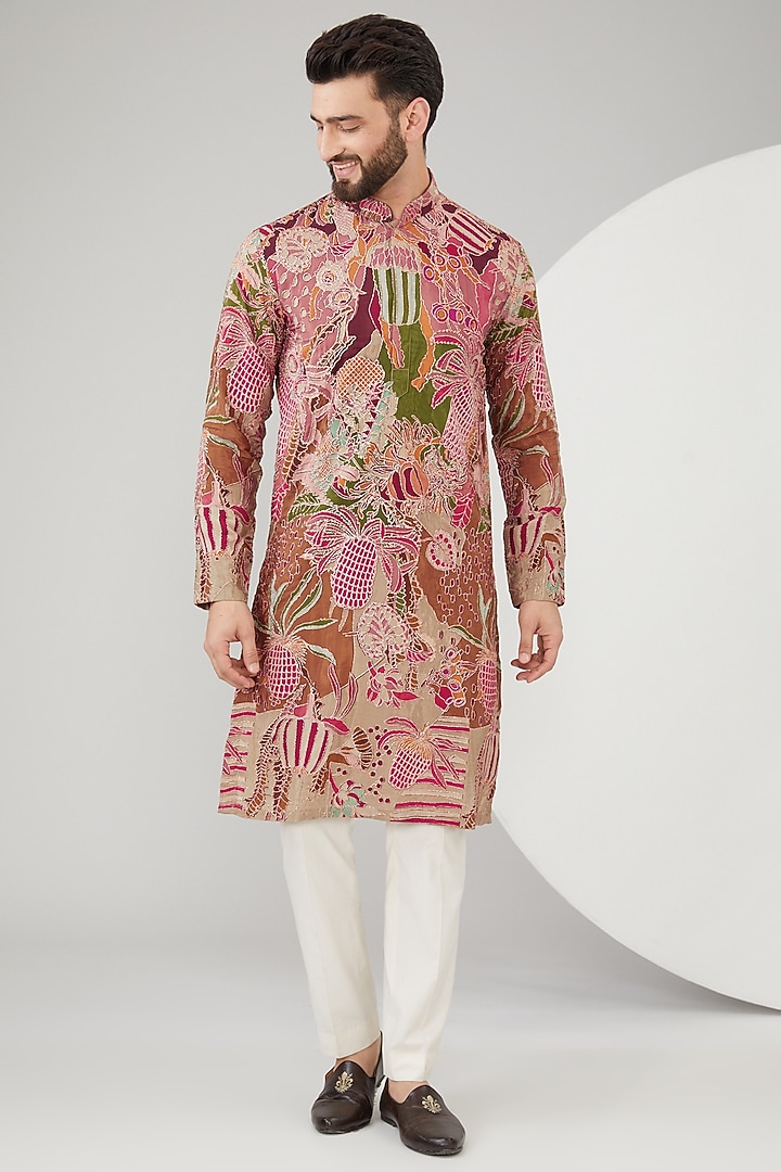 Multi-Colored Slub Silk Abstract Embroidered Kurta by Kasbah Clothing at Pernia's Pop Up Shop