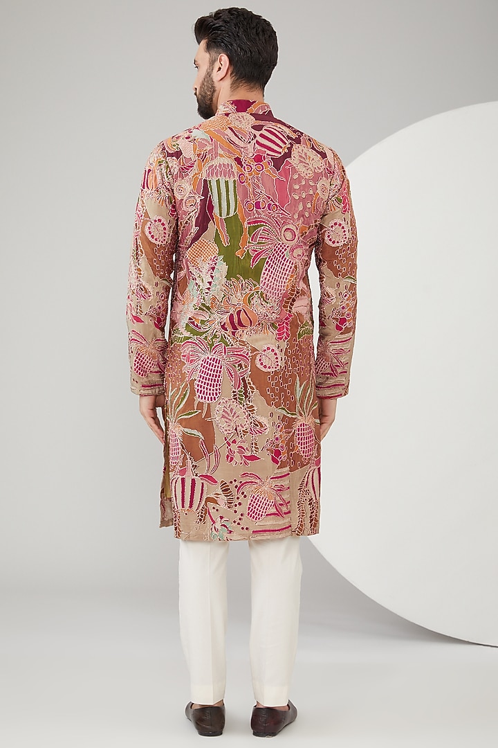 Multi-Colored Slub Silk Abstract Embroidered Kurta by Kasbah Clothing at Pernia's Pop Up Shop