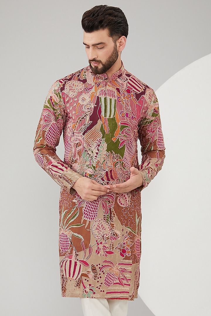 Multi-Colored Slub Silk Abstract Embroidered Kurta by Kasbah Clothing at Pernia's Pop Up Shop