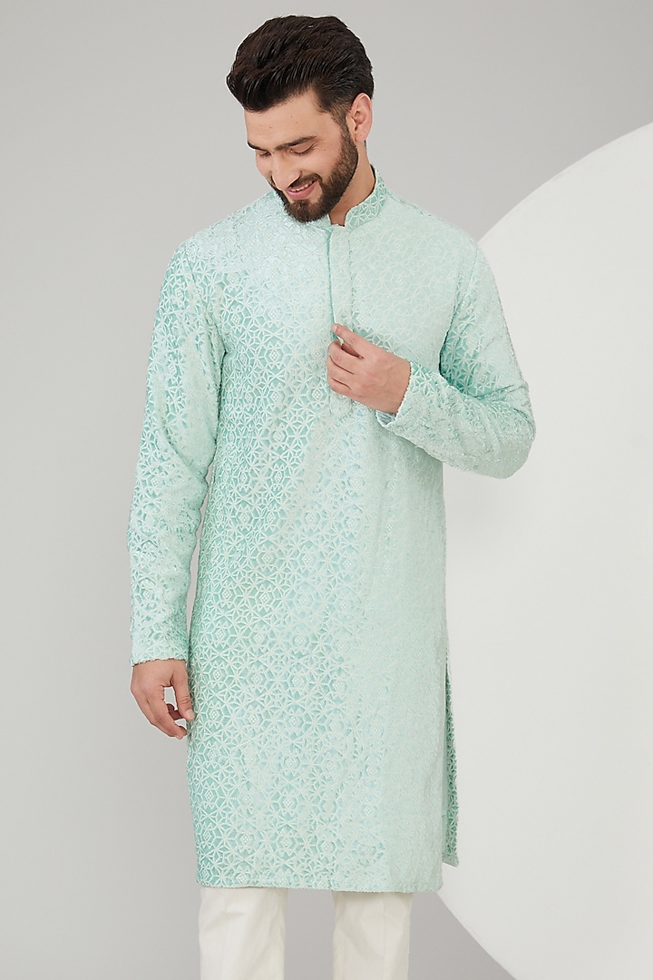 Ice Blue Velvet Geometric Embroidered Kurta by Kasbah Clothing at Pernia's Pop Up Shop