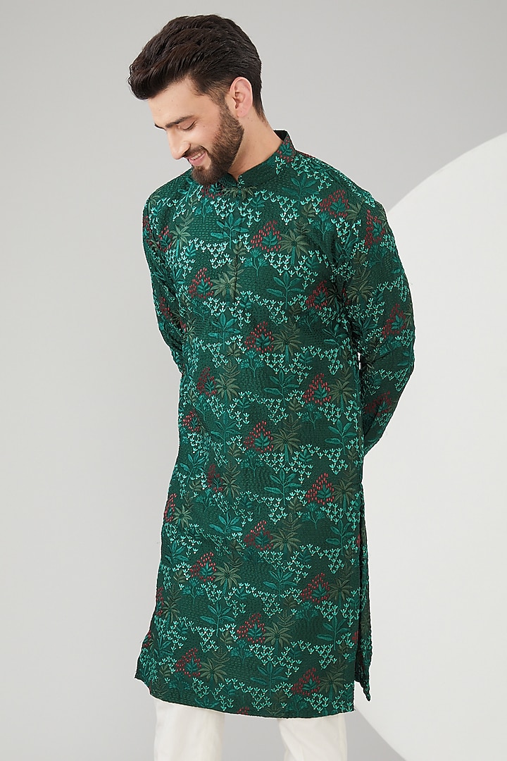 Bottle Green Silk Floral Embroidered Kurta by Kasbah Clothing