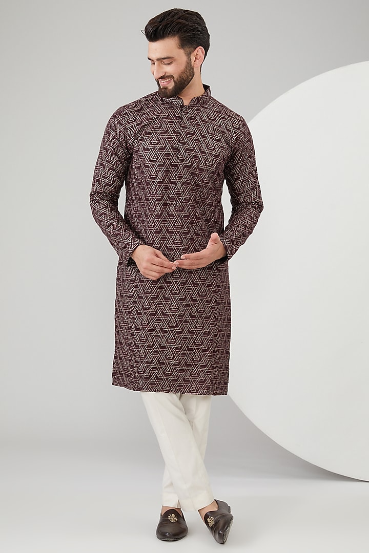 Wine Silk Geometrical Embroidered Kurta by Kasbah Clothing at Pernia's Pop Up Shop