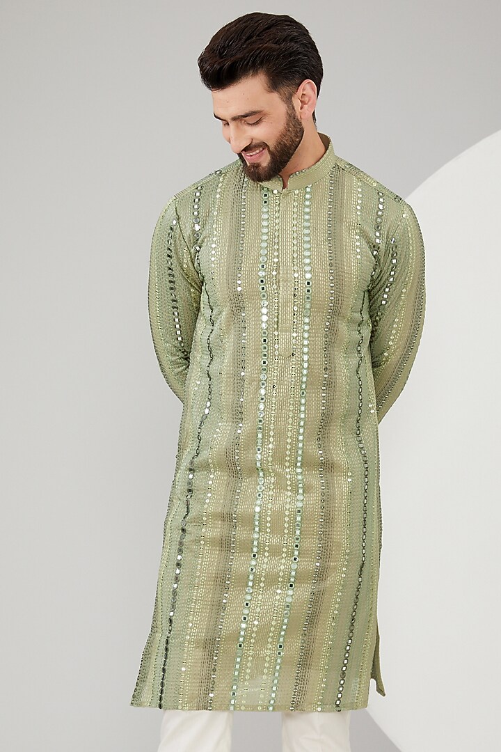 Mehendi Green Georgette Mirror Work Kurta by Kasbah Clothing at Pernia's Pop Up Shop