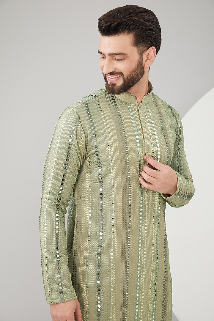 Mehendi Green Georgette Mirror Work Kurta by Kasbah Clothing at Pernia's Pop Up Shop