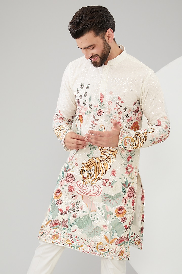 White Georgette Floral Embroidered Kurta by Kasbah Clothing