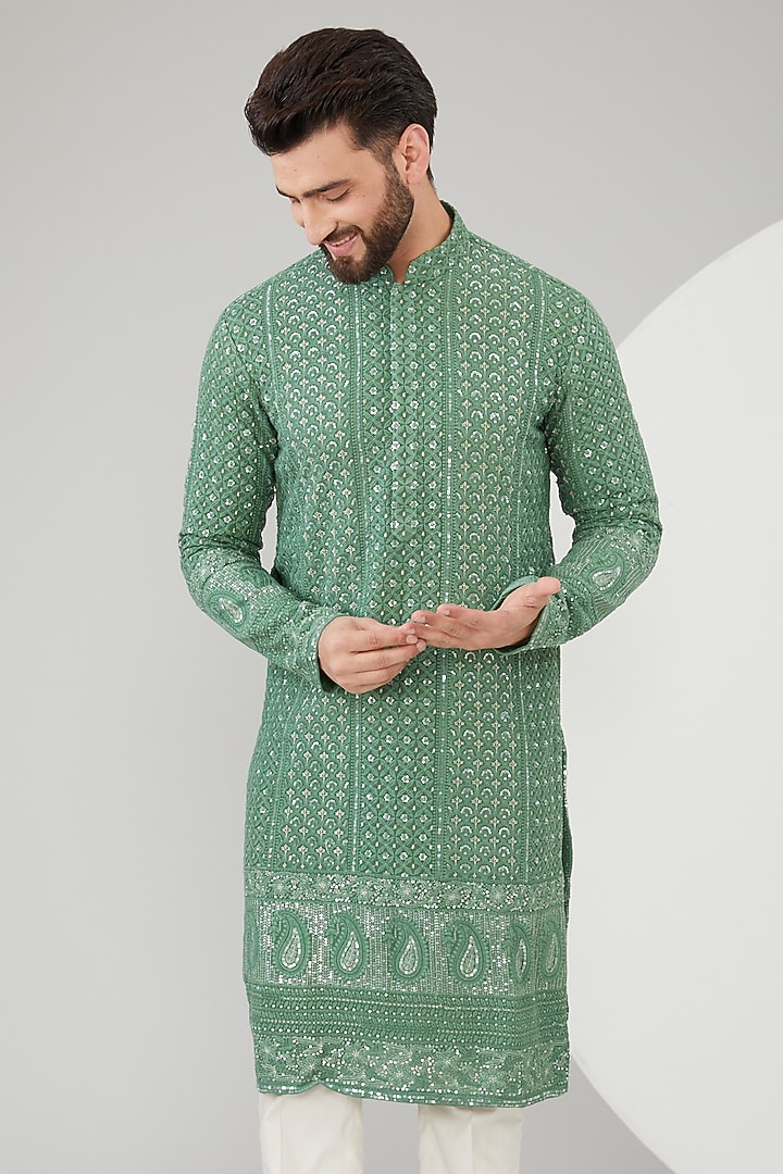 English Mint Green Georgette Thread Embroidered Chikankari Kurta by Kasbah Clothing at Pernia's Pop Up Shop