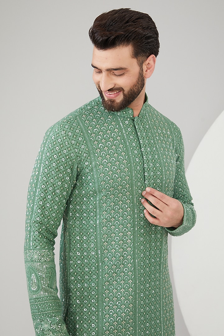 English Mint Green Georgette Thread Embroidered Chikankari Kurta by Kasbah Clothing at Pernia's Pop Up Shop