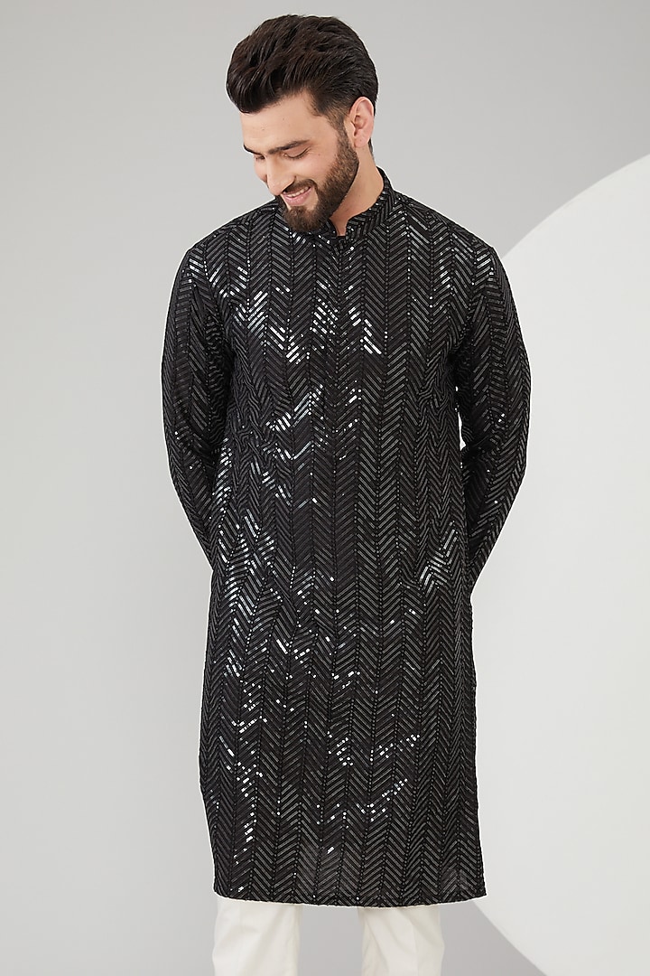 Black Slub Silk Sequins Embroidered Kurta by Kasbah Clothing