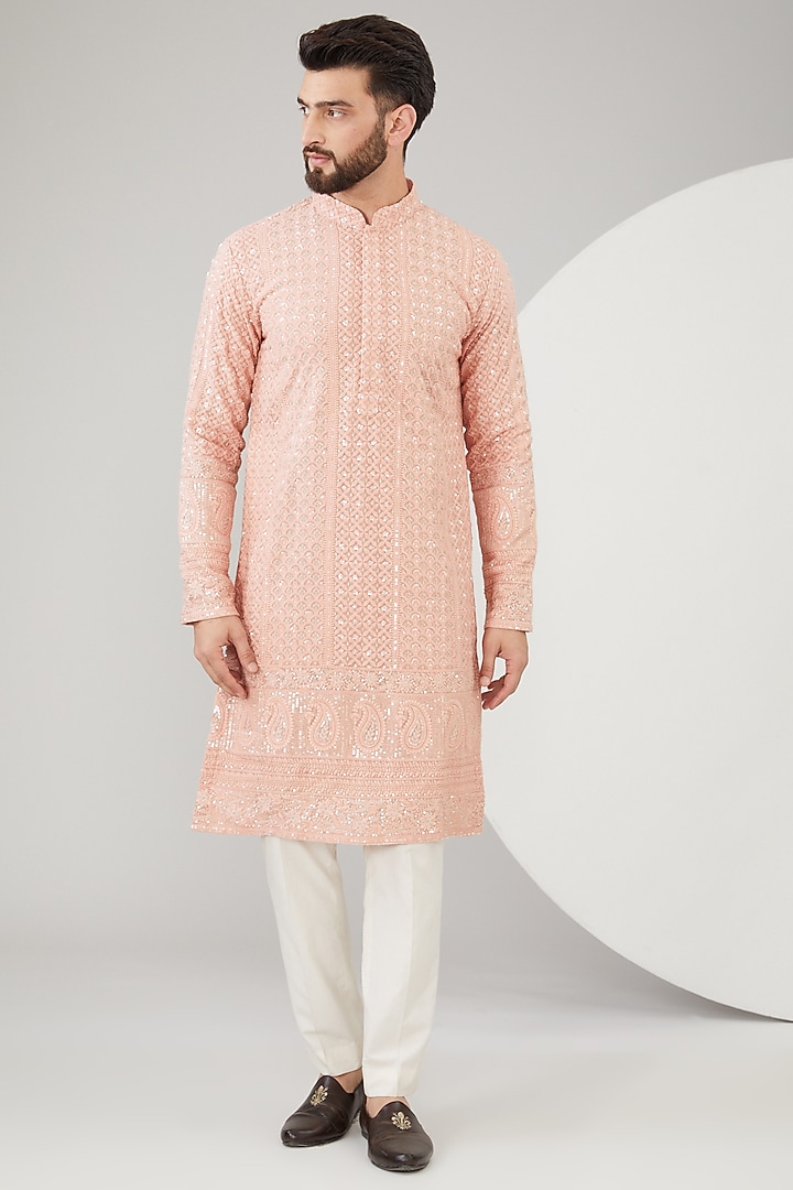 Peach Georgette Thread Embroidered Chikankari Kurta by Kasbah Clothing at Pernia's Pop Up Shop