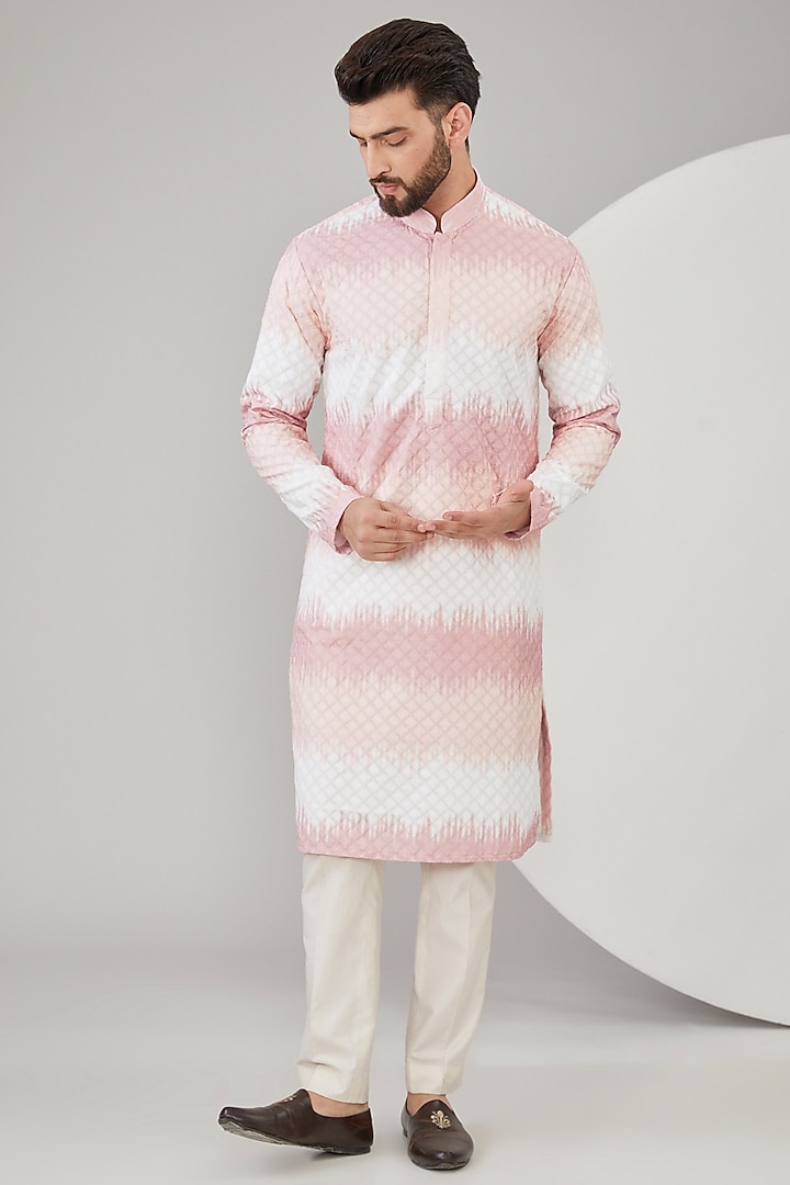 Pink & White Slub Cotton Chikankari Kurta by Kasbah Clothing