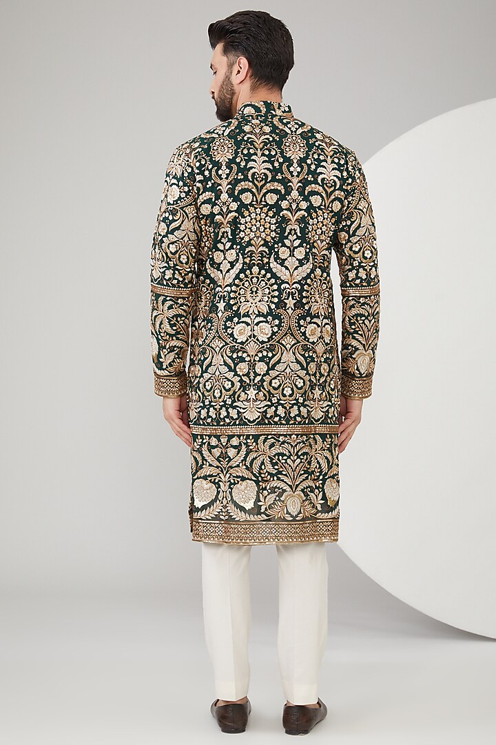 Bottle Green Georgette Floral Embroidered Kurta by Kasbah Clothing at Pernia's Pop Up Shop