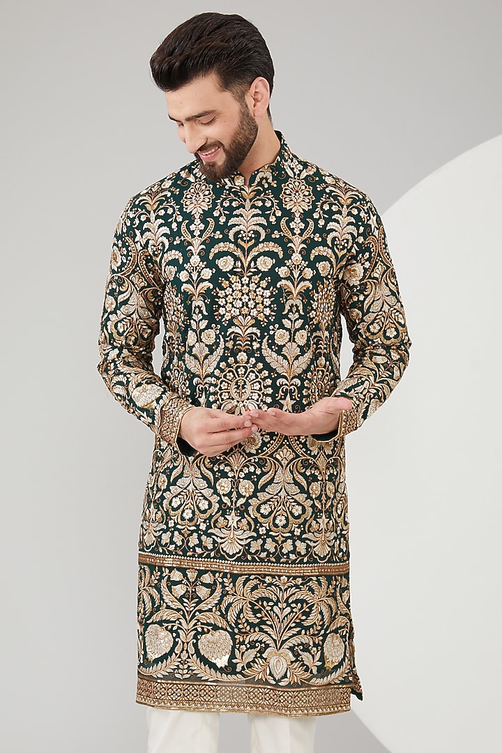 Bottle Green Georgette Floral Embroidered Kurta by Kasbah Clothing at Pernia's Pop Up Shop