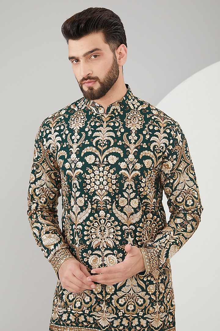 Bottle Green Georgette Floral Embroidered Kurta by Kasbah Clothing at Pernia's Pop Up Shop