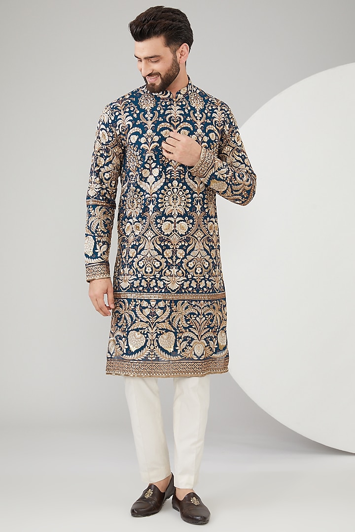 Royal Blue Georgette Floral Embroidered Kurta by Kasbah Clothing