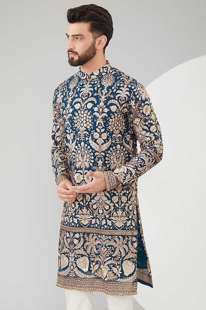 Royal Blue Georgette Floral Embroidered Kurta by Kasbah Clothing at Pernia's Pop Up Shop