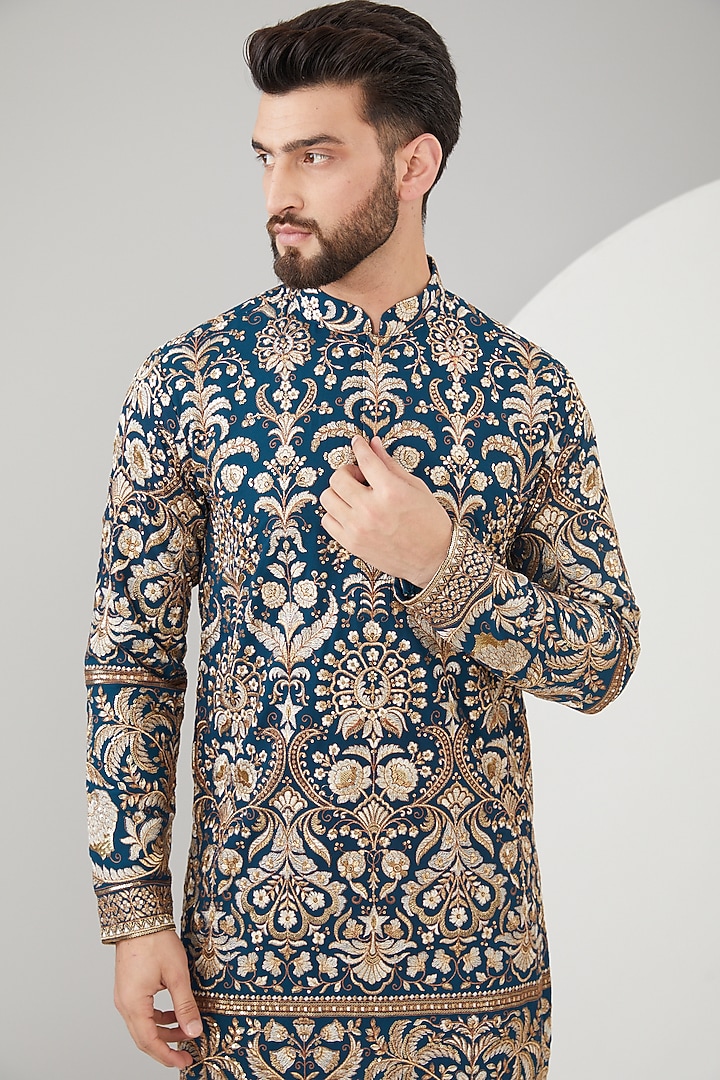 Royal Blue Georgette Floral Embroidered Kurta by Kasbah Clothing at Pernia's Pop Up Shop