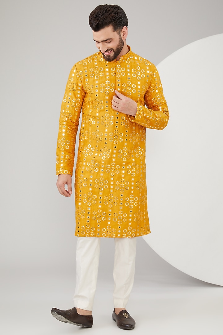 Mustard Silk Mirror Work Kurta by Kasbah Clothing at Pernia's Pop Up Shop