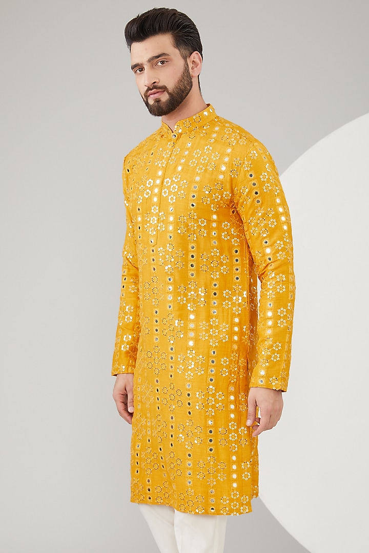 Mustard Silk Mirror Work Kurta by Kasbah Clothing at Pernia's Pop Up Shop