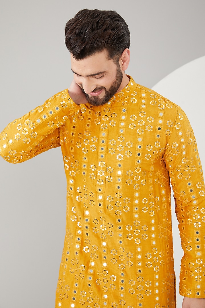 Mustard Silk Mirror Work Kurta by Kasbah Clothing at Pernia's Pop Up Shop