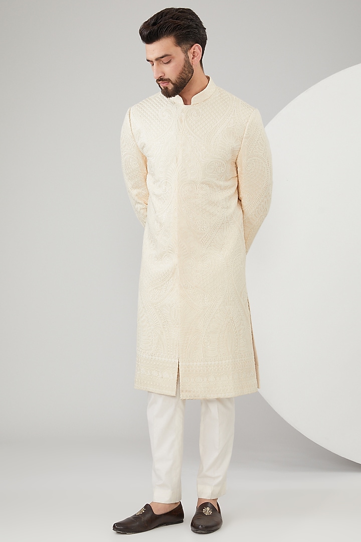 Beige Silk Kalamkari Embroidered Wedding Sherwani by Kasbah Clothing at Pernia's Pop Up Shop