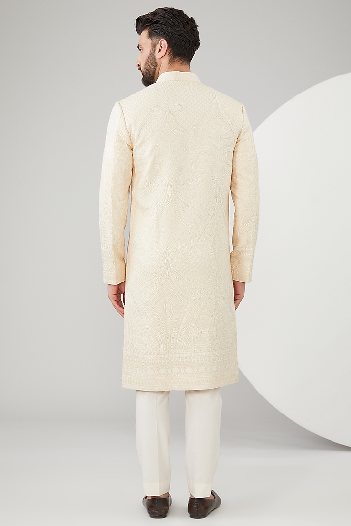 Beige Silk Kalamkari Embroidered Wedding Sherwani by Kasbah Clothing at Pernia's Pop Up Shop
