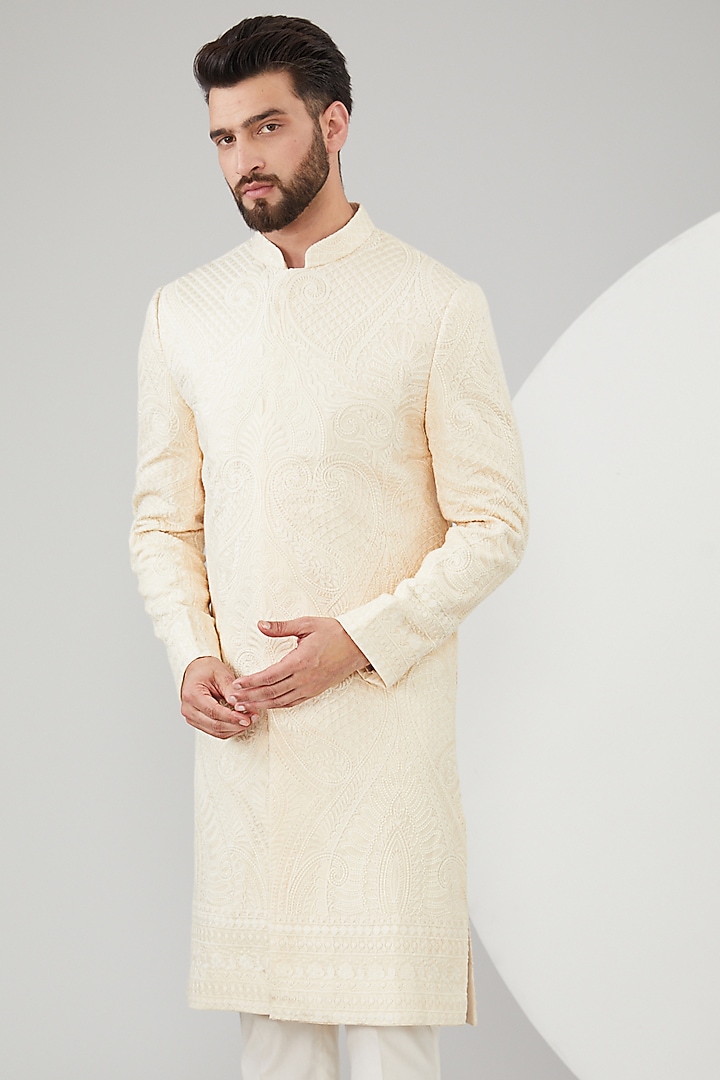 Beige Silk Kalamkari Embroidered Wedding Sherwani by Kasbah Clothing at Pernia's Pop Up Shop