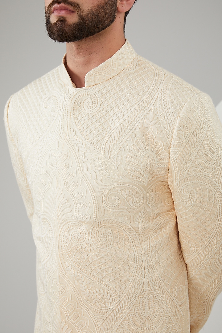 Beige Silk Kalamkari Embroidered Wedding Sherwani by Kasbah Clothing at Pernia's Pop Up Shop