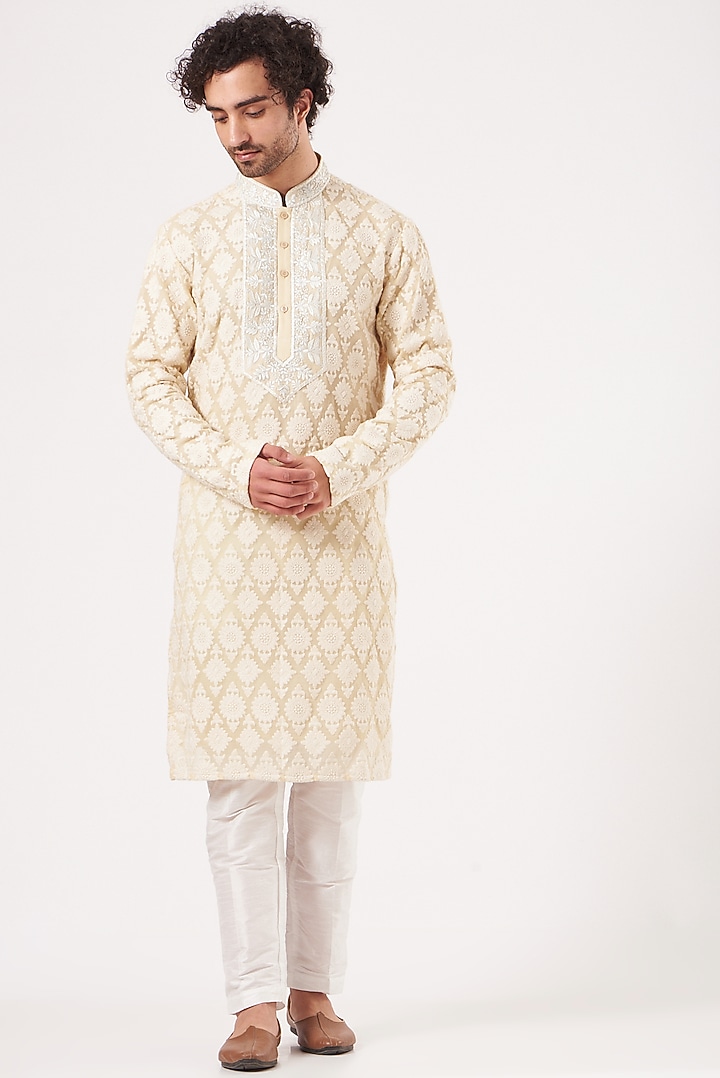 Light Yellow Embroidered Kurta by Kasbah Clothing at Pernia's Pop Up Shop