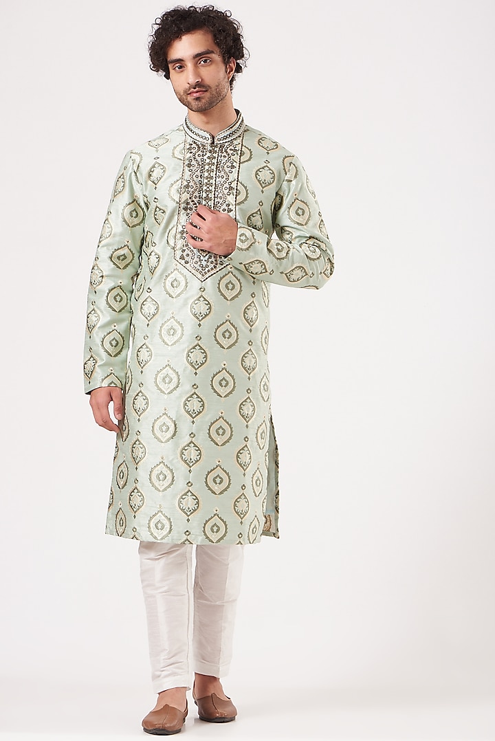 Mint Green Hand Embroidered Kurta by Kasbah Clothing