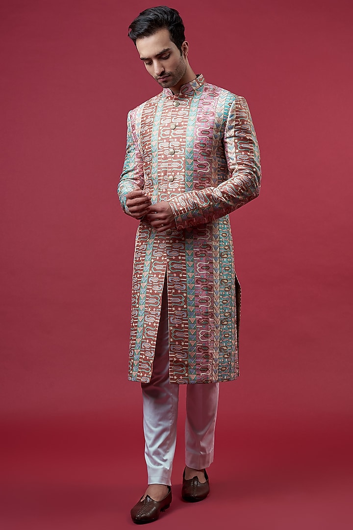 Multi-Colored Chanderi Embroidered Sherwani by Kasbah Clothing