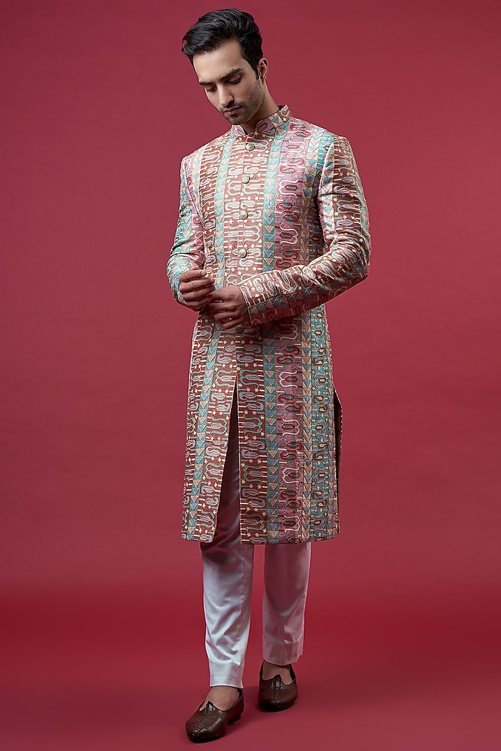 Multi-Colored Chanderi Embroidered Sherwani Set by Kasbah Clothing