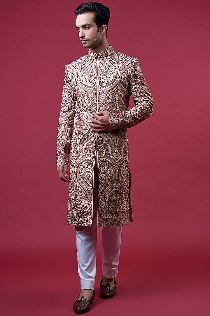 Beige Georgette Thread & Kashmiri Embroidered Wedding Sherwani by Kasbah Clothing at Pernia's Pop Up Shop