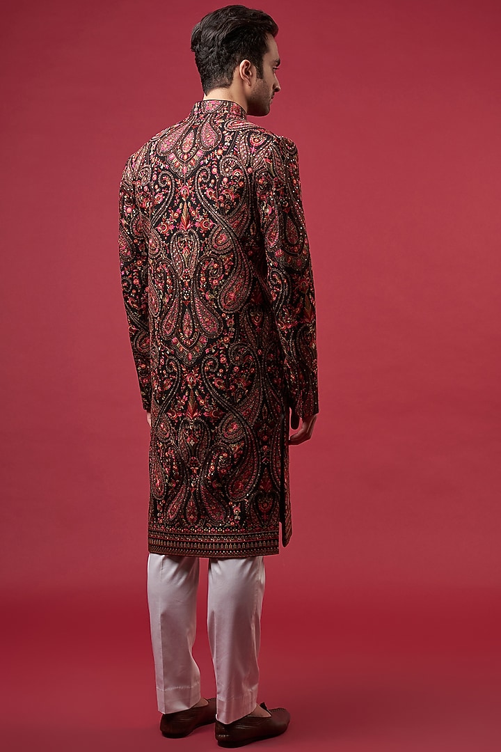 Black Georgette Kashmiri Embroidered Wedding Sherwani by Kasbah Clothing at Pernia's Pop Up Shop