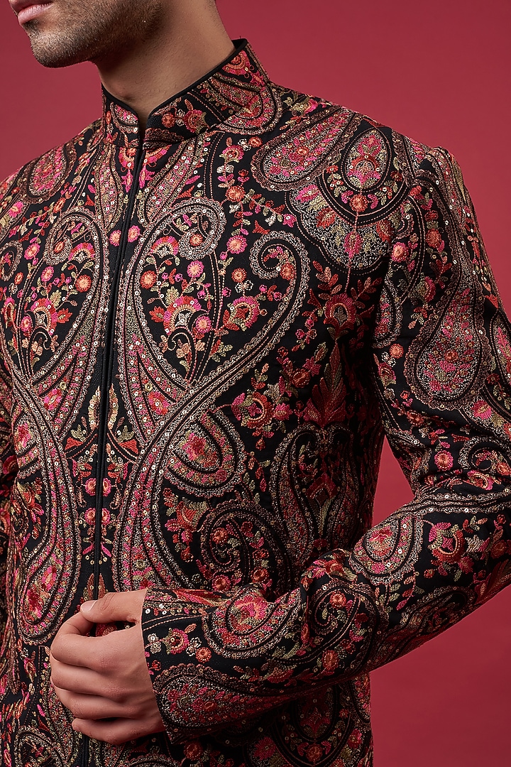 Black Georgette Kashmiri Embroidered Wedding Sherwani by Kasbah Clothing at Pernia's Pop Up Shop