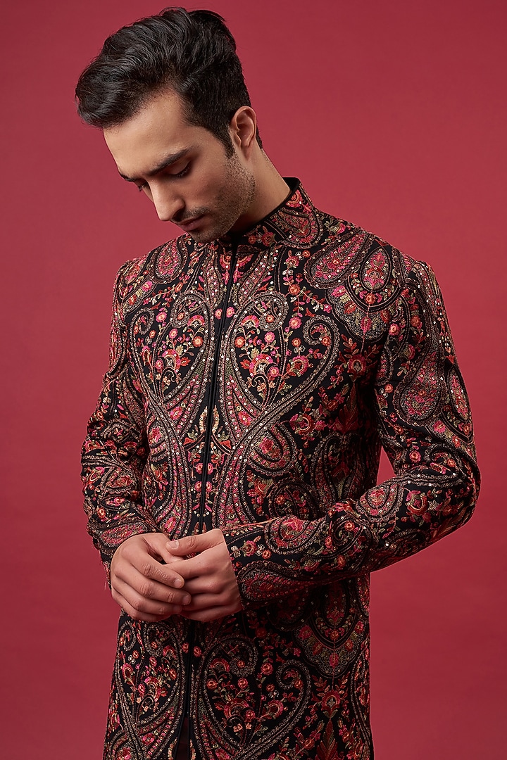 Black Georgette Kashmiri Embroidered Wedding Sherwani by Kasbah Clothing at Pernia's Pop Up Shop