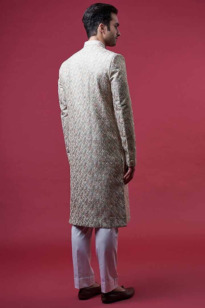 Sea Green Silk Embroidered Wedding Sherwani by Kasbah Clothing at Pernia's Pop Up Shop