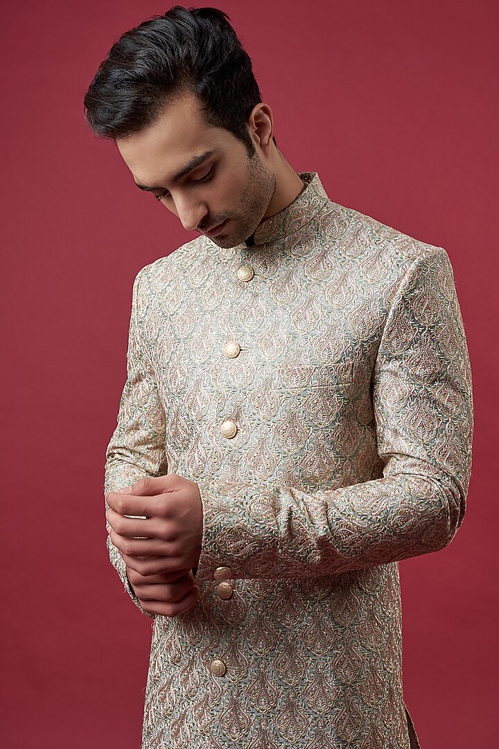 Sea Green Silk Embroidered Wedding Sherwani by Kasbah Clothing at Pernia's Pop Up Shop