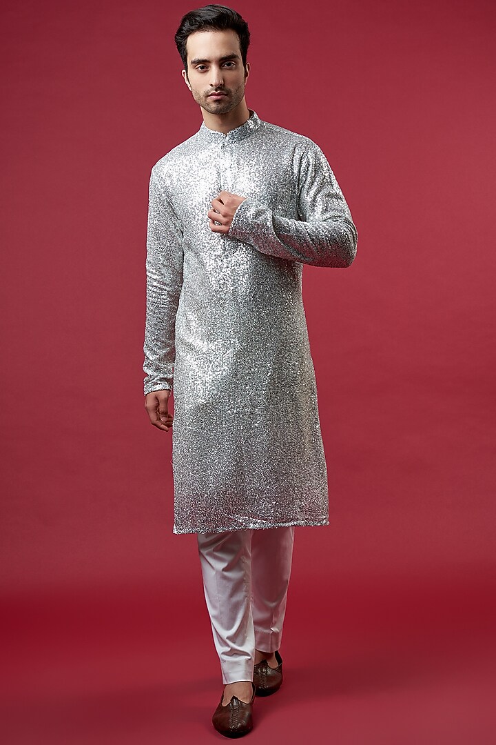 Silver Georgette Embroidered Kurta by Kasbah Clothing at Pernia's Pop Up Shop