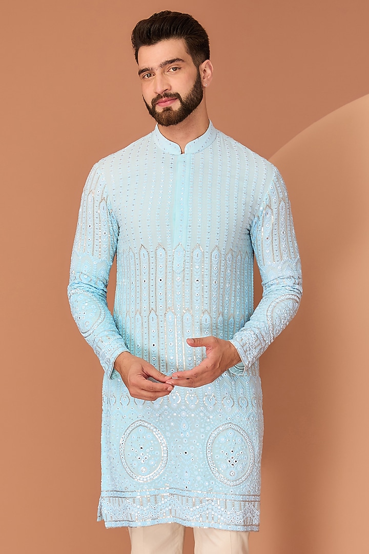 Sky Blue Georgette Ghera Embroidered Chikankari Kurta by Kasbah Clothing at Pernia's Pop Up Shop