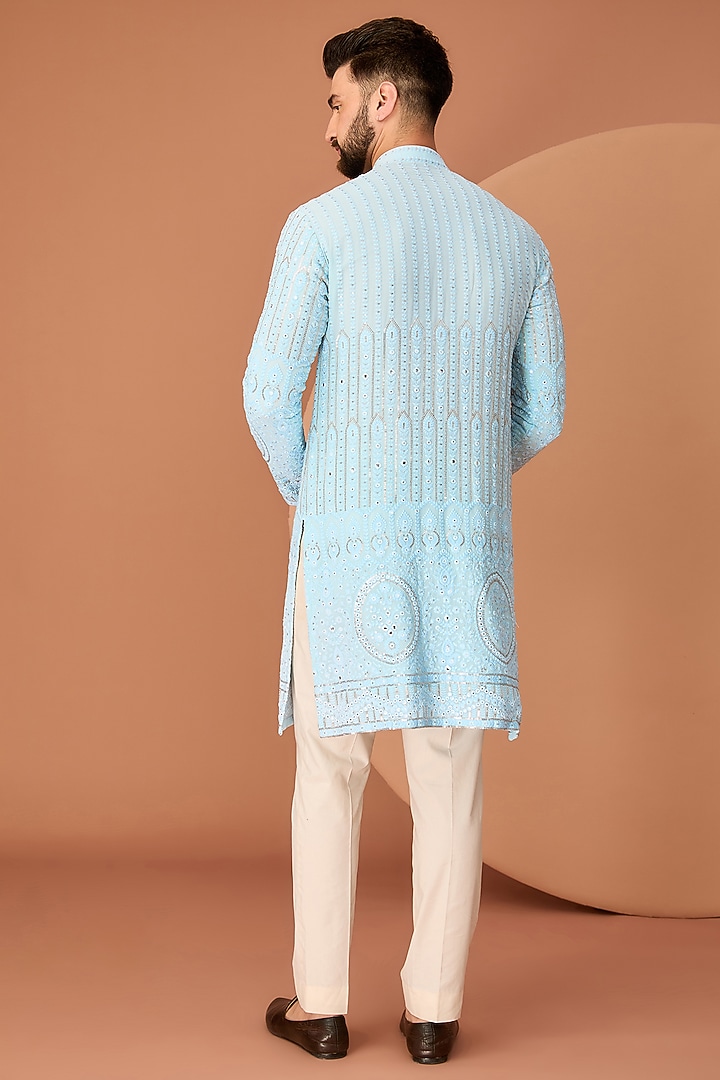 Sky Blue Georgette Ghera Embroidered Chikankari Kurta by Kasbah Clothing at Pernia's Pop Up Shop