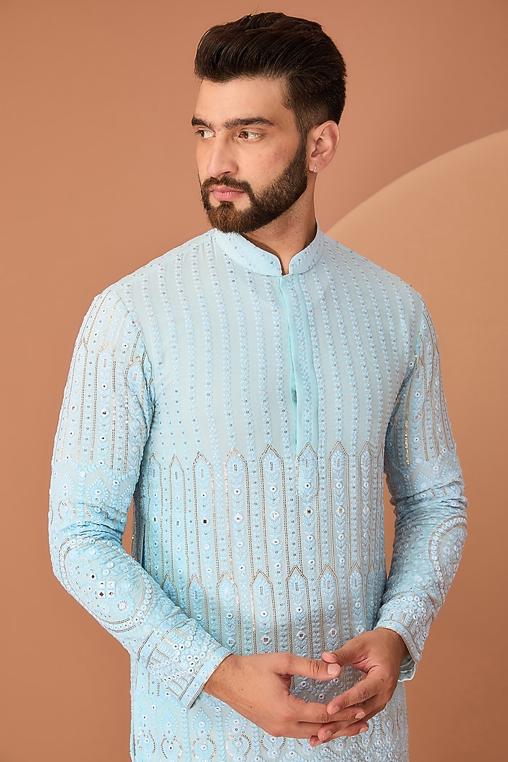 Sky Blue Georgette Ghera Embroidered Chikankari Kurta by Kasbah Clothing at Pernia's Pop Up Shop