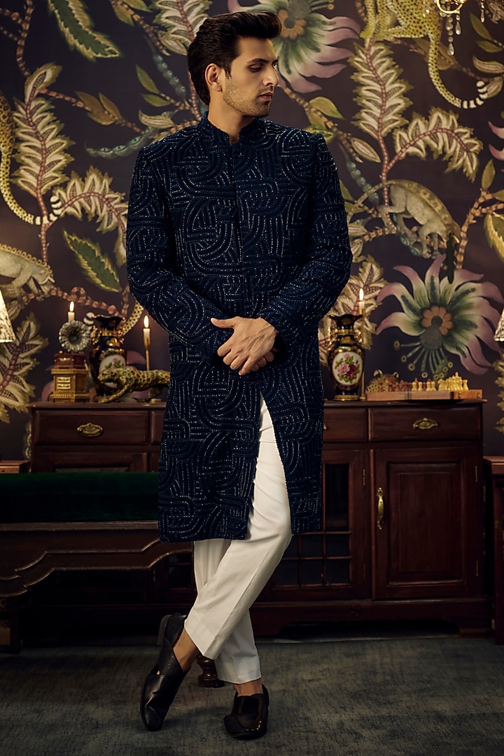 Navy Blue Velvet Cutdana Embroidered Wedding Indowestern by Kasbah Clothing at Pernia's Pop Up Shop