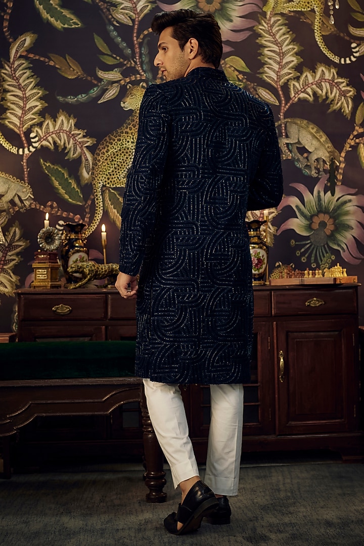 Navy Blue Velvet Cutdana Embroidered Wedding Indowestern by Kasbah Clothing at Pernia's Pop Up Shop