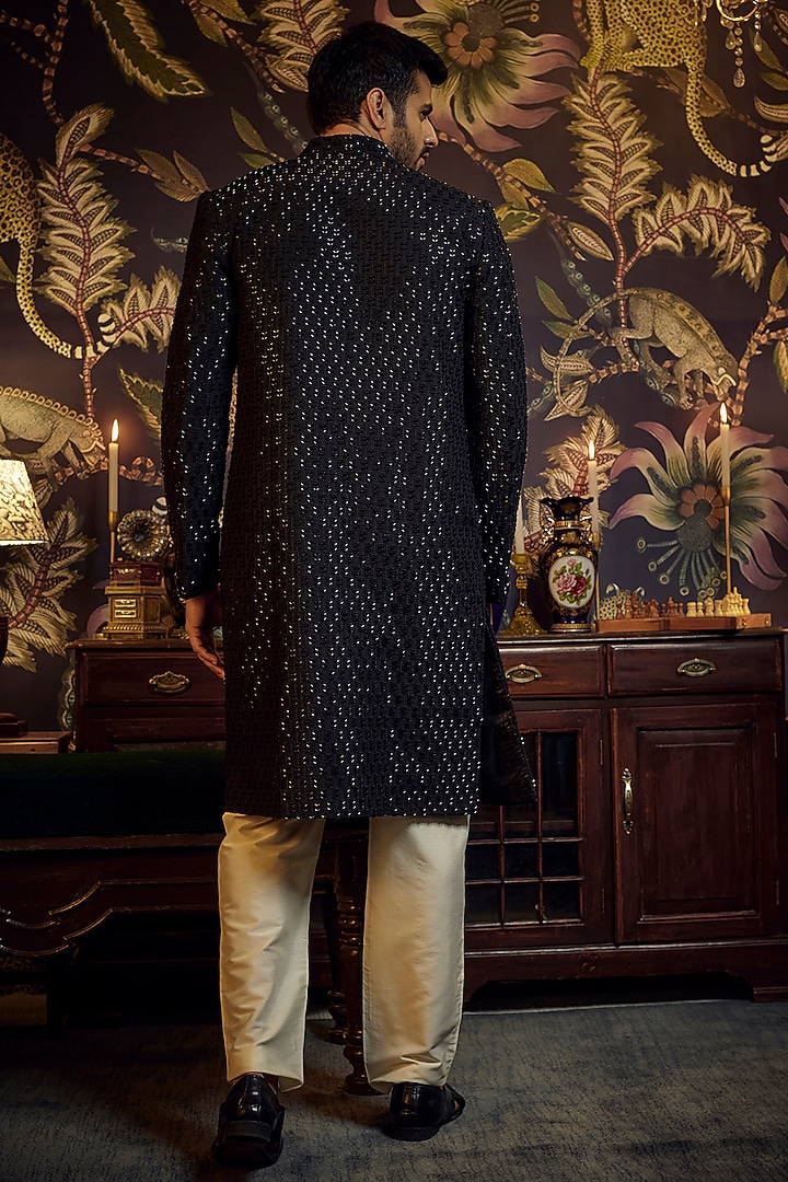 Black Silk Cutdana Embroidered Wedding Sherwani by Kasbah Clothing at Pernia's Pop Up Shop