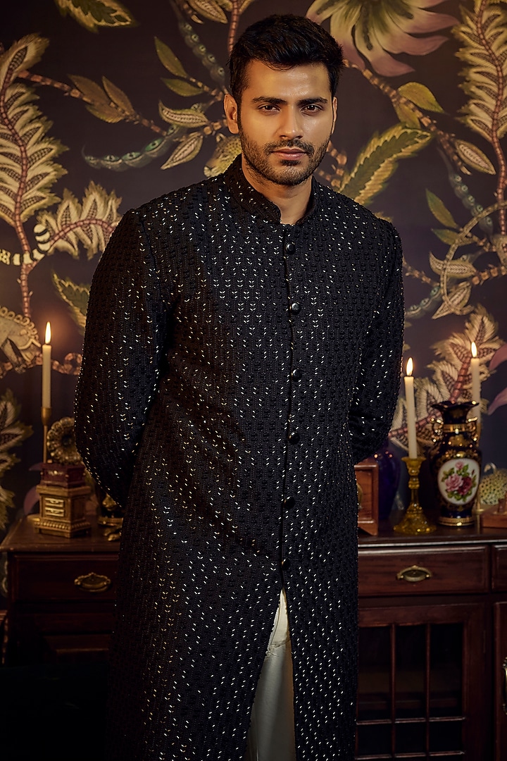 Black Silk Cutdana Embroidered Wedding Sherwani by Kasbah Clothing at Pernia's Pop Up Shop