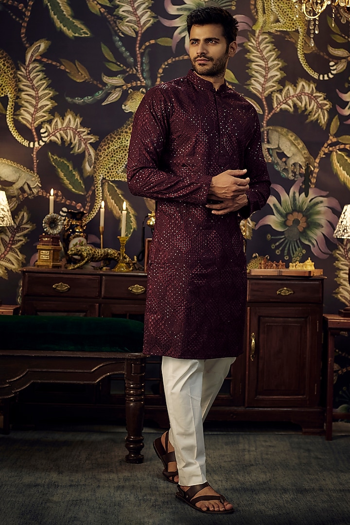 Wine Georgette Chikankari Work Kurta by Kasbah Clothing at Pernia's Pop Up Shop